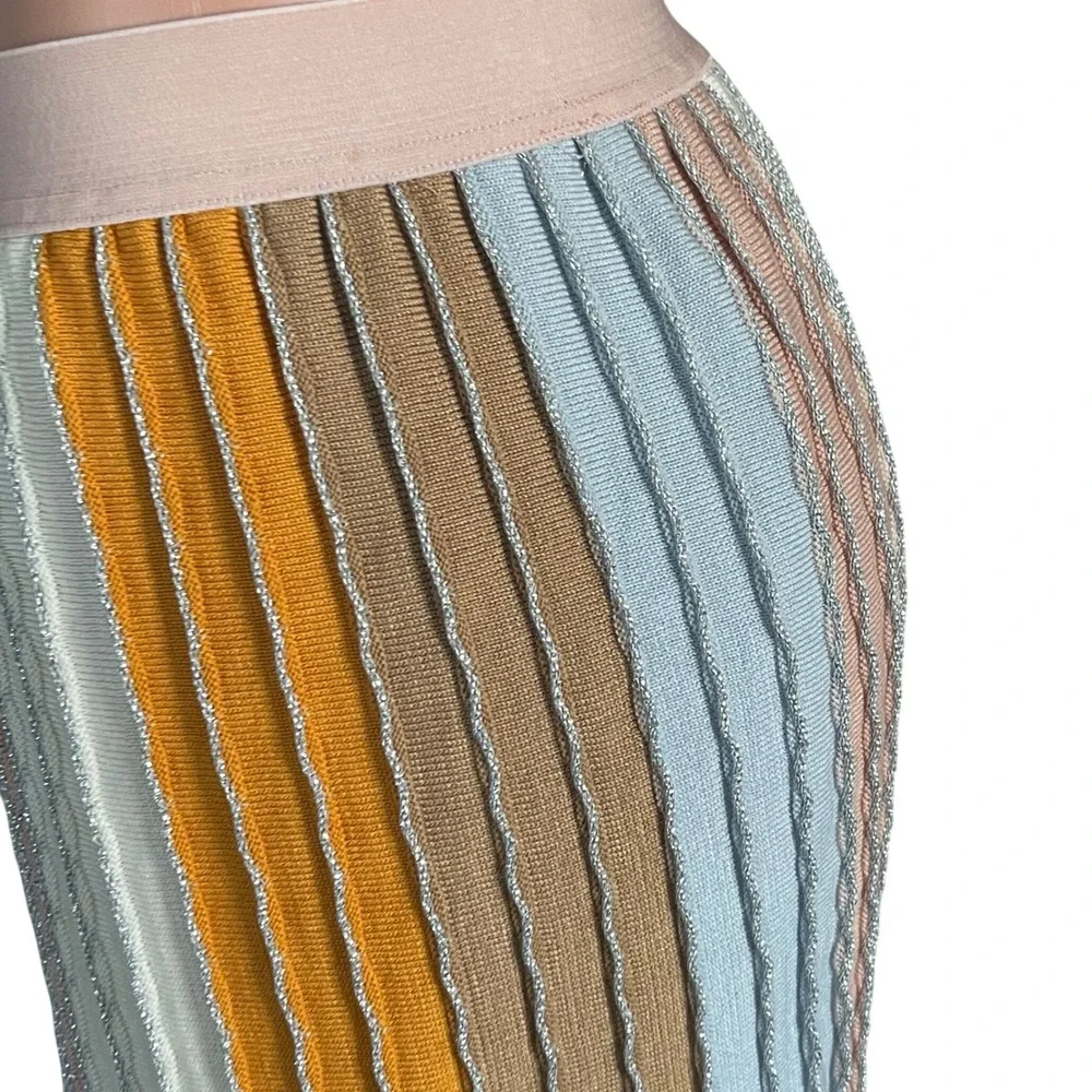 Eva Franco Multicolor Pleated Skirt M Stretch Waist Metallic Ribbed Stripes‎